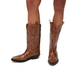 NWT Ganni Mid Shaft Embroidered Western Boot | Tiger's Eye
